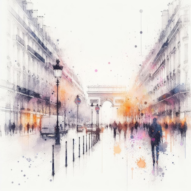 Paris Avenue des Champs Elysees street view in splash ink painting with Generative AI