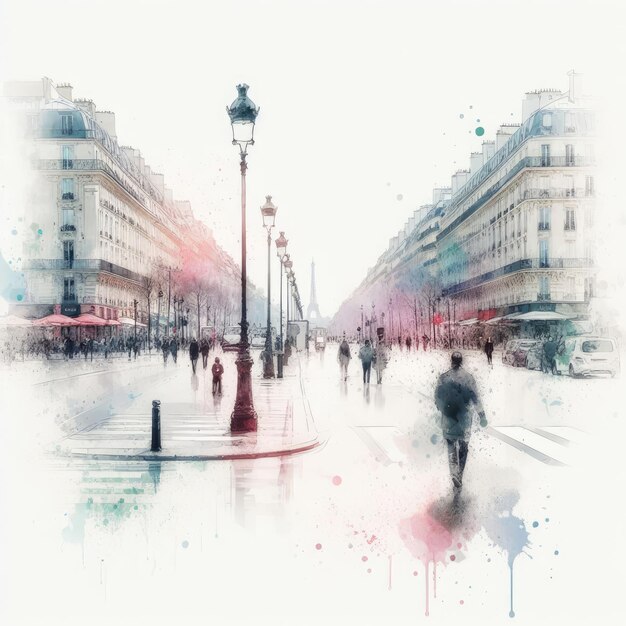 Paris Avenue des Champs Elysees street view in splash ink painting with Generative AI