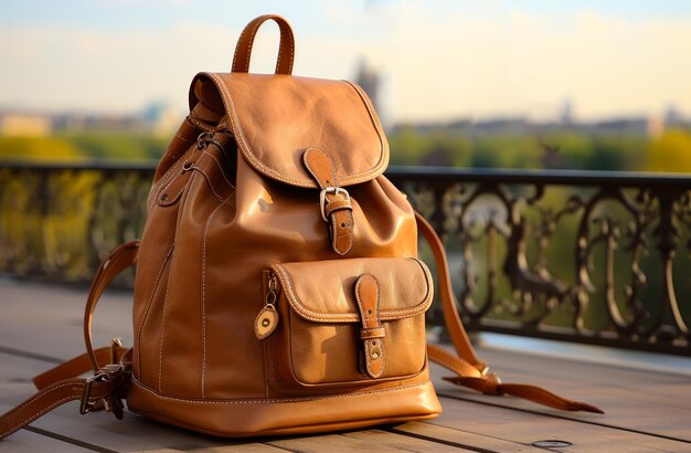 Paris bag standing on a balcony A brown leather backpack sitting on top of a wooden table