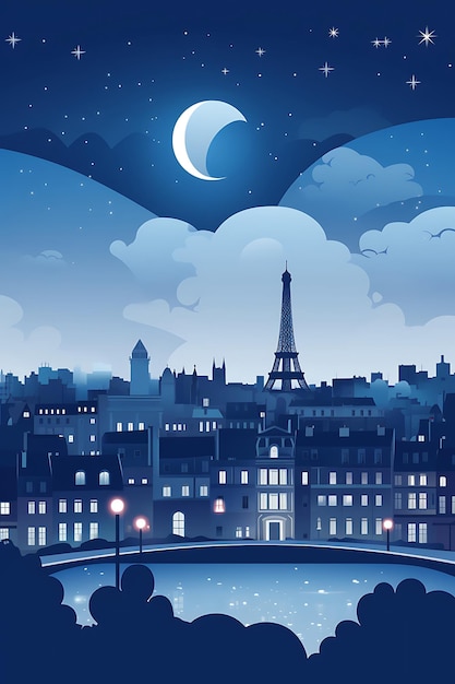 Photo paris city and moon lit up at night illustration