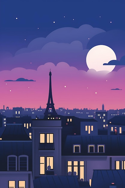 Foto la città e la luna di parigi illuminate di notte illustrazione