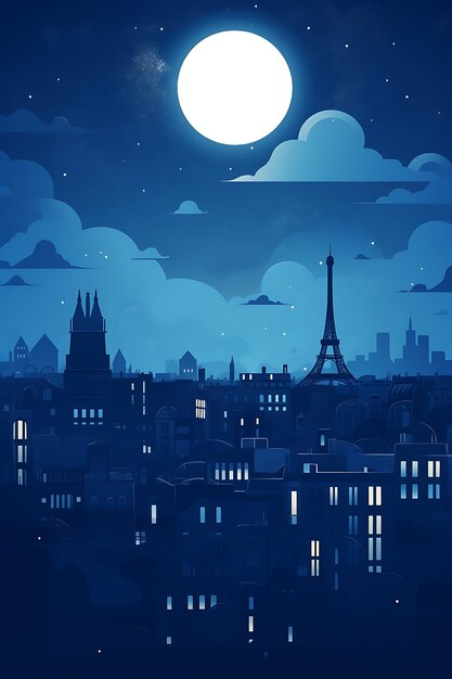 Foto la città e la luna di parigi illuminate di notte illustrazione