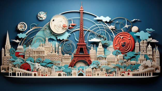 Photo paris cityscape paper art illustration