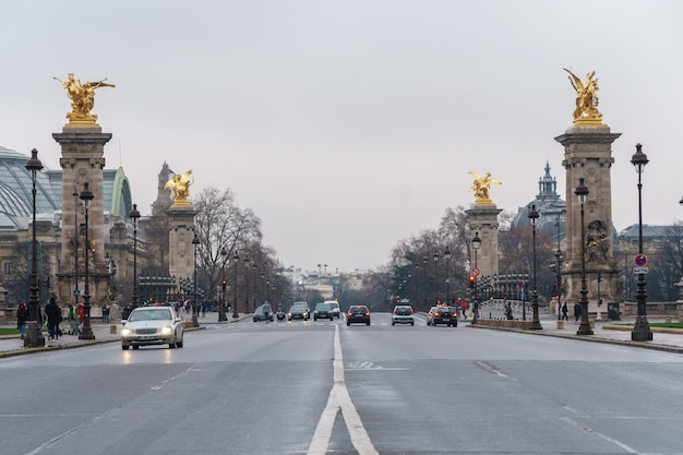 Париж, Франция - 20.01.2019: Исторический мост (мост Александра III) через Сену в Париже, Франция. Путешествовать.
