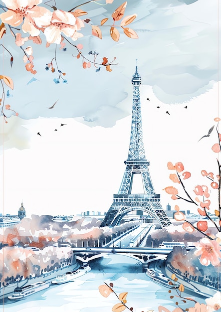 파리 프랑스 에펠탑 풍경 수채화 결혼식 초청 템플릿