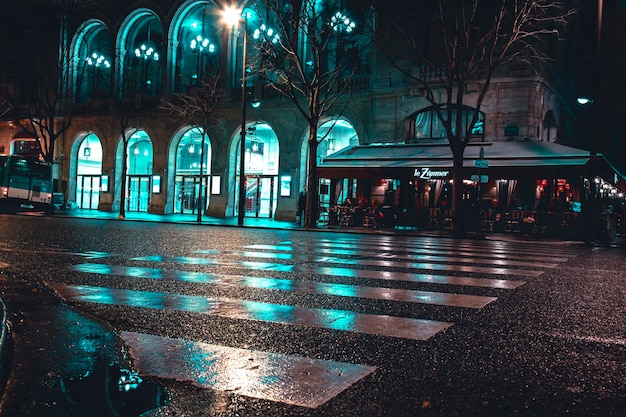 Paris France January 30 2020 Pedestrian walking way view after rain during night