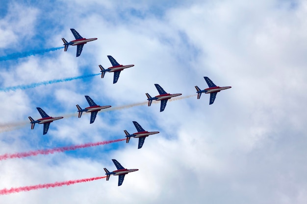 Paris France July 14 2021 The French Air Patrol French Patrouille de France performing a demonstration to celebrate the Bastille Day