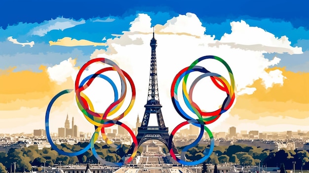 PARIS FRANCE JULY 7 2023 Icon of Summer olympic Games Paris 2024 Held by Athlete Modern Olympic
