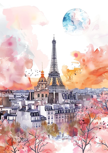 프랑스 파리 풍경 수채화 결혼식 초청 템플릿