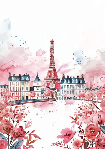 Paris France landscape watercolor wedding invitation template