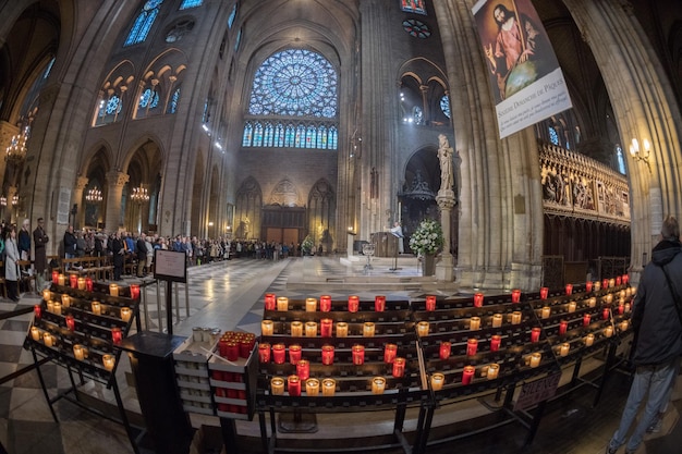 PARIS, FRANCE - MAY 1, 2016 - Notre Dame Cathedral crowded for sunday mass
