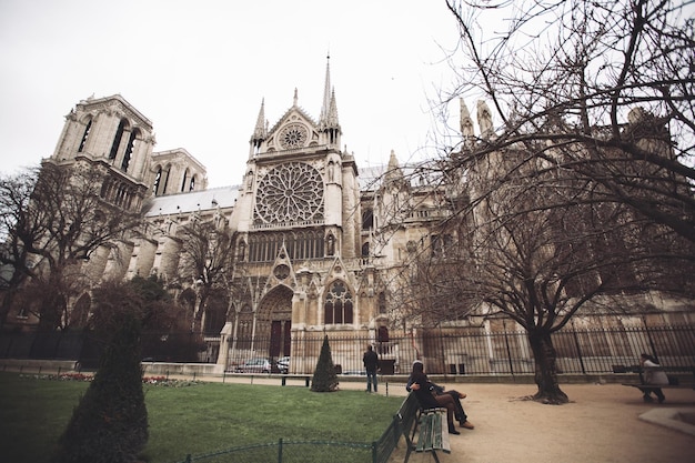 Paris France NotreDame de Paris Cathedral facade city panorama