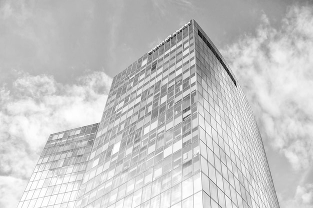 Paris France September 30 2017 Towers with glass facade glazing on blue sky in district of la defense paris france Architecture structure design Business commerce future concept