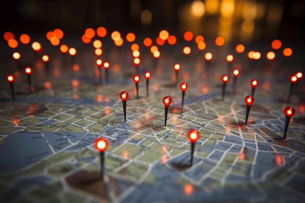 Paris map with red pins bokeh lights and travel concept