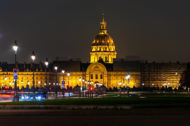 Paris at night, city lights at night, Les Invalides illuminated by lights