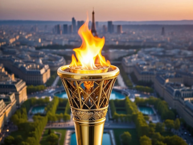 Foto concetto della torcia olimpica di parigi torcia olimpica con la scena dell'edificio di parigi come sfondo