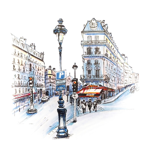 Paris street with traditional houses, cafes and lanterns, Paris, France. Picture made markers