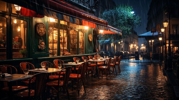 Parisian bistro cafe on a rainy night with lights shining off the pavement