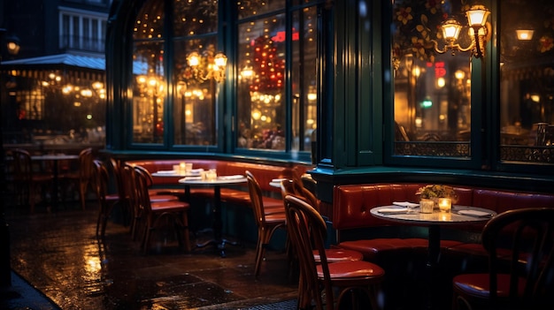 Parisian bistro cafe on a rainy night with lights shining off the pavement