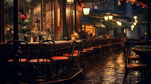 Parisian bistro cafe on a rainy night with lights shining off the pavement