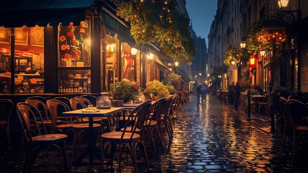Parisian bistro cafe on a rainy night with lights shining off the pavement