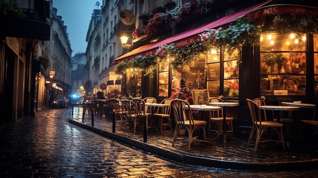 Parisian bistro cafe on a rainy night with lights shining off the pavement