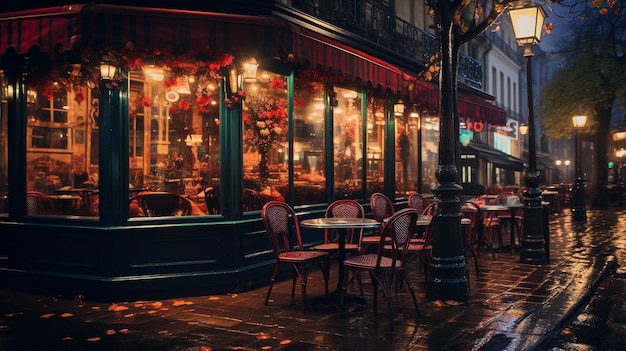 Parisian bistro cafe on a rainy night with lights shining off the pavement