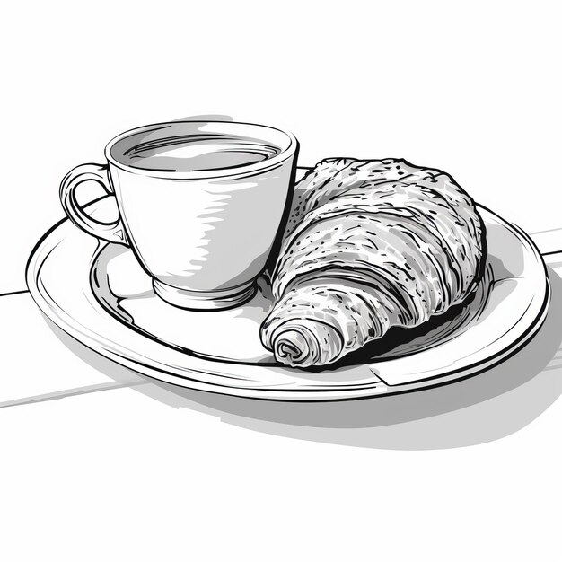 Photo parisian bistro vibes black and white coffee and croissant illustration simplicity in vector and