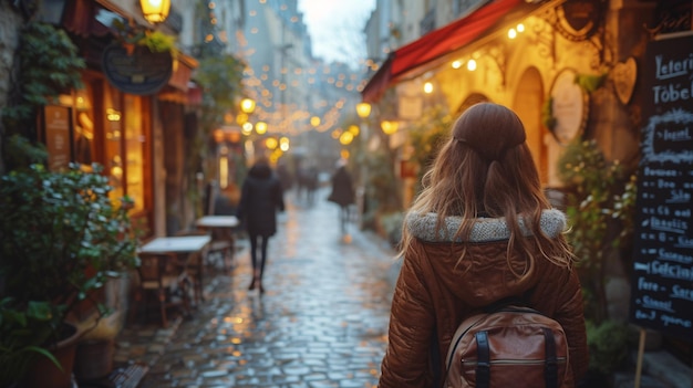 A Parisian street scene featuring a quaint French cafe and a woman strolling in the morning