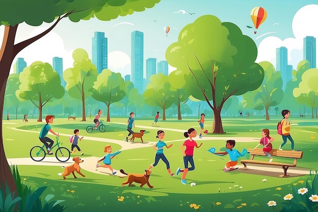 Park activiteiten vector illustratie Kinderen spelen samen op schommels met vliegers koppels op banken en joggen man met hond vrouwen doen yoga en lezen boek