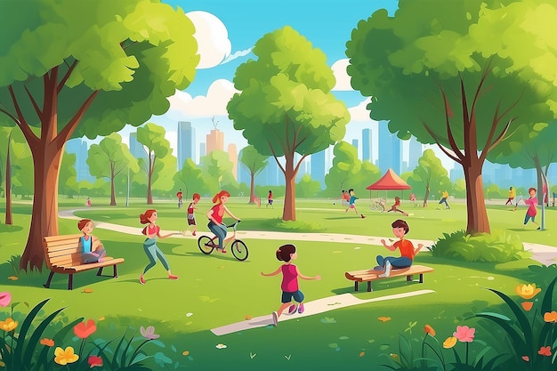 Park activities vector illustration Kids play together on swings with kite couples on benches and jogging man with dog women do yoga and read book