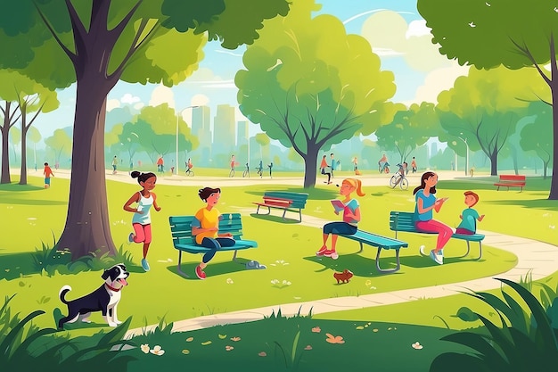 Park activities vector illustration Kids play together on swings with kite couples on benches and jogging man with dog women do yoga and read book