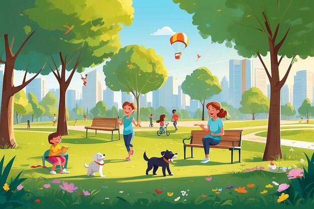Park activities vector illustration Kids play together on swings with kite couples on benches and jogging man with dog women do yoga and read book