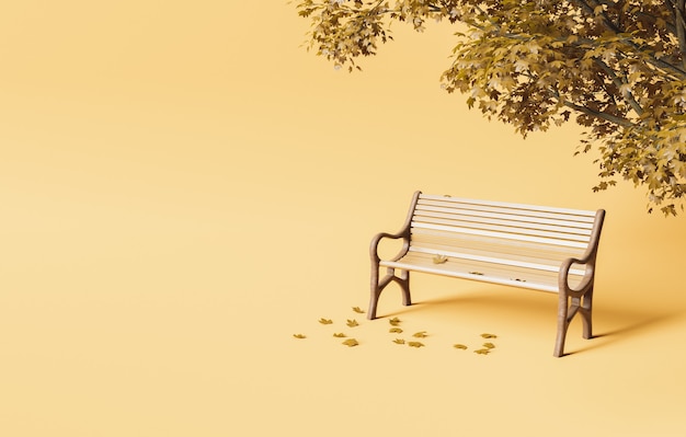 park bench under autumn tree with fallen leaves on soft studio background