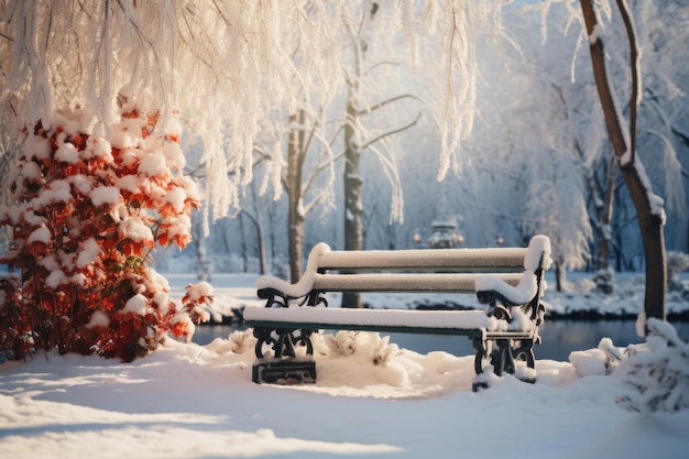 A park bench blanketed in the purity of winter39s white an ideal rest stop to absorb the serene beauty of the snowcovered surroundings