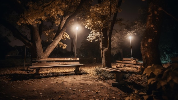 A park bench in the dark with a street light on the left side.