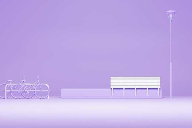 Park bench fire hydrant and street light in plain monochrome purple color 3d render