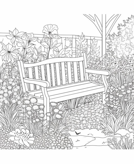 A park bench in a garden with flowers and birds.