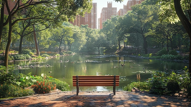 a park bench is in front of a pond with a city in the background