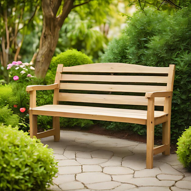 a park bench is shown with a green bush in the background