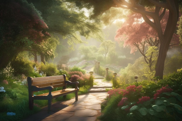 A park bench in the middle of a garden generative ai image