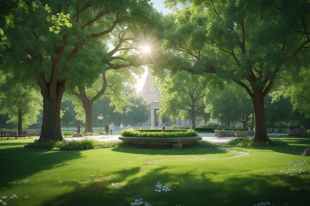 A park bench in a park with a tree in the background natural green landscape