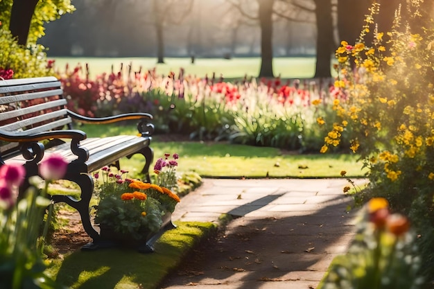 A park bench with flowers and a bench in the foreground