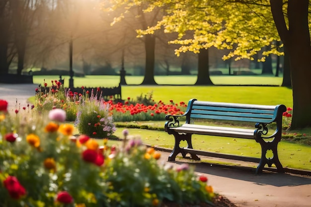 A park bench with a park bench and flowers in the background