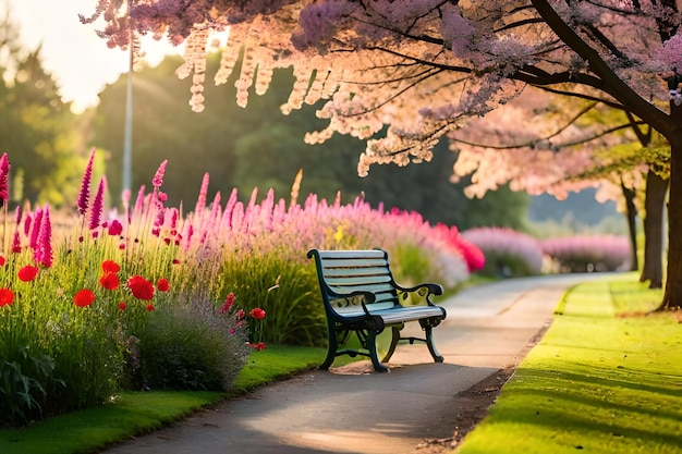 Photo a park bench with pink flowers and a bench in the background.