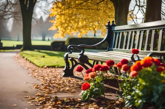 A park bench with red flowers and a few leaves