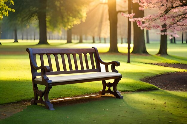 A park bench with the sun shining through the trees