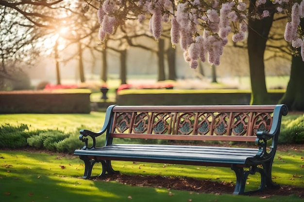 木の中を太陽が照らす公園のベンチ