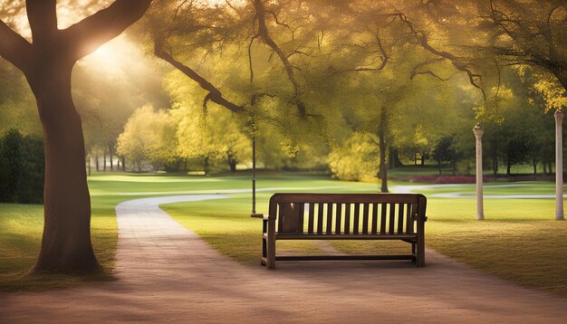 Photo a park bench with the sun shining through the trees