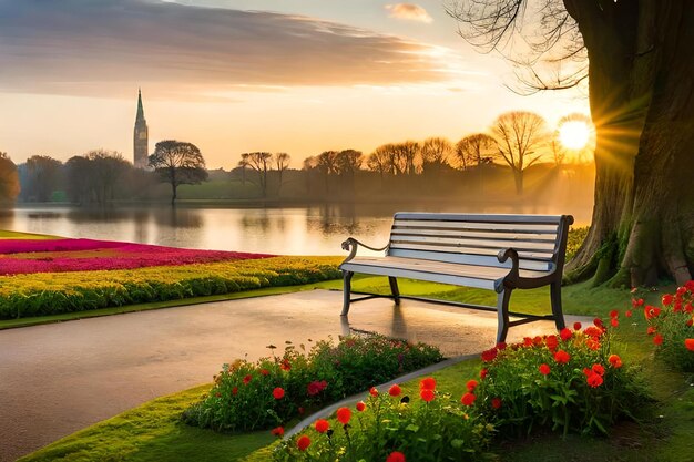 A park bench with a view of a lake and a sunset